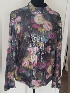 Nicole Miller Black Multi Sequin Floral Mock-Neck Long Sleeve Top